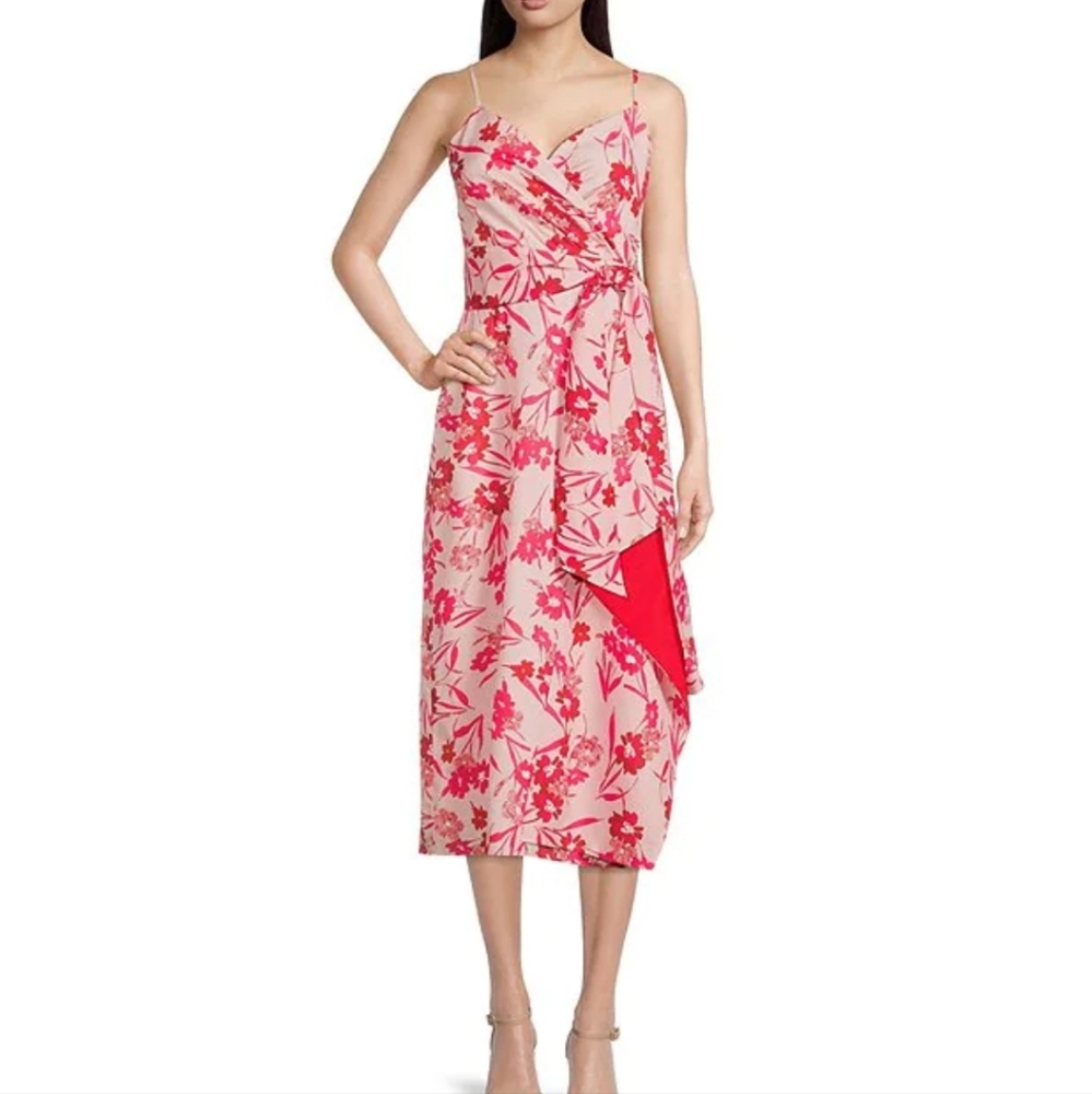 Belle Badgley Mischka Abby Floral Printed Sweetheart Neck Ruffle Front Dress
